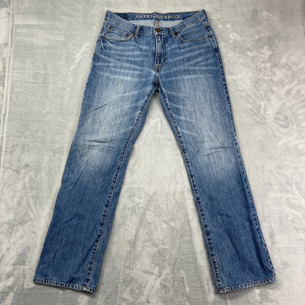 American Eagle Outfitters Jeans Mens 33/34 Blue Denim Whiskered Straight Leg